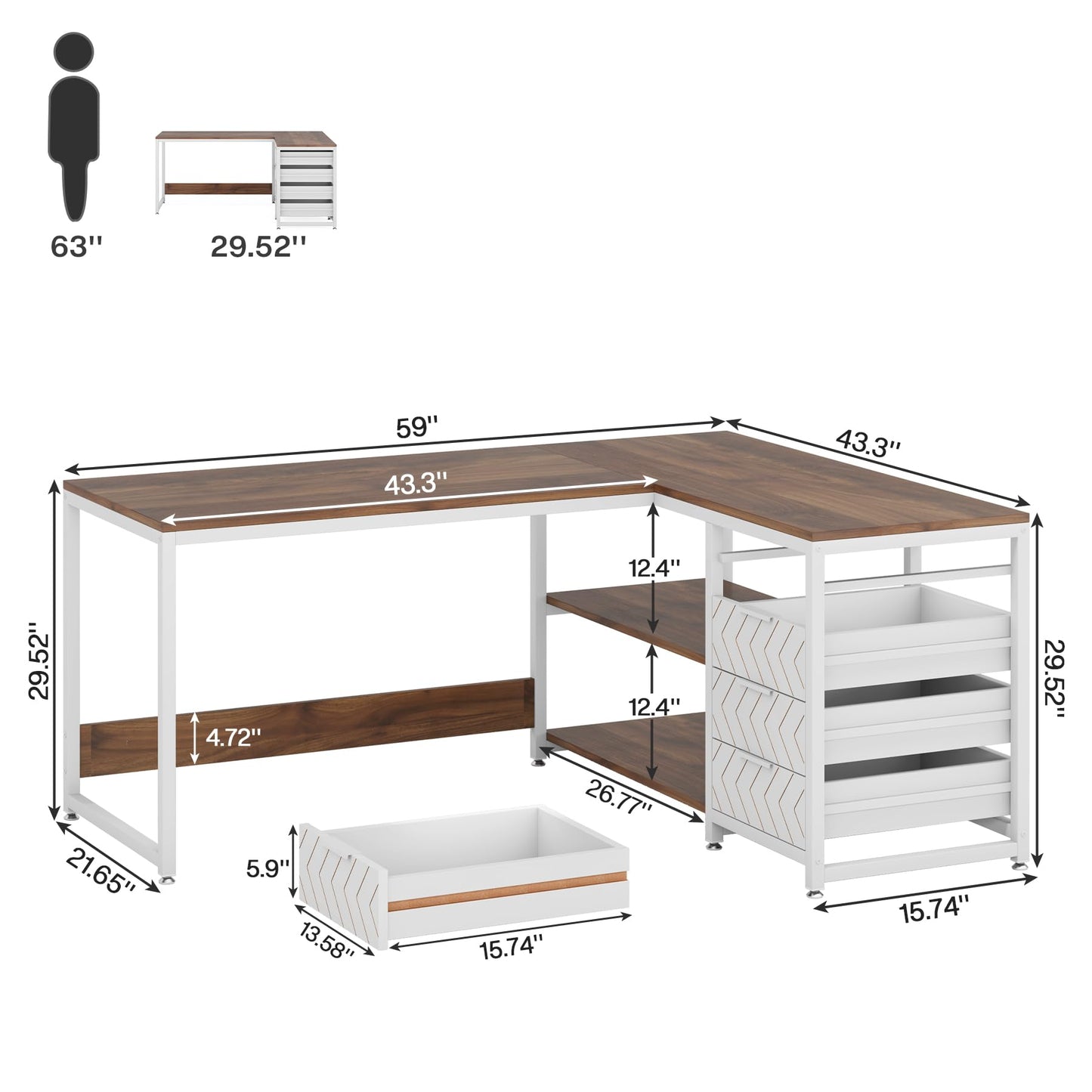 Tribesigns L Shaped Computer Desk with Storage Drawers, 59 inch Corner Desk with Shelves, Reversible L-Shaped Office Desk Study Writing Table Workstation for Home Office, Walnut & White