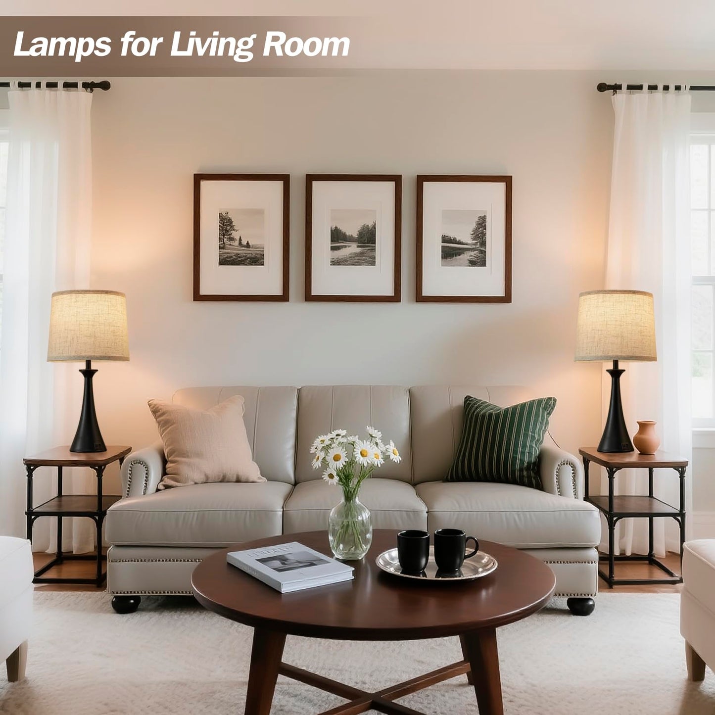 Touch Lamp for Living Room Bedroom, 21" Table Lamps Set of 2 with USB C+A Ports, Touch Bedside Lamps for Nightstand with 3 Way Dimmable, 2 LED Bulbs Included, Black