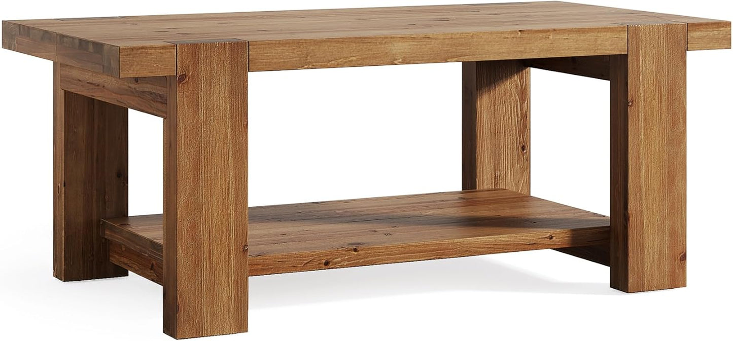 Solid Wood Coffee Table with 2-Tier Storage Shelf, 47.2" Farmhouse Rectangle Center Table Furniture for Living Room, Apartment, Office, Rustic Brown