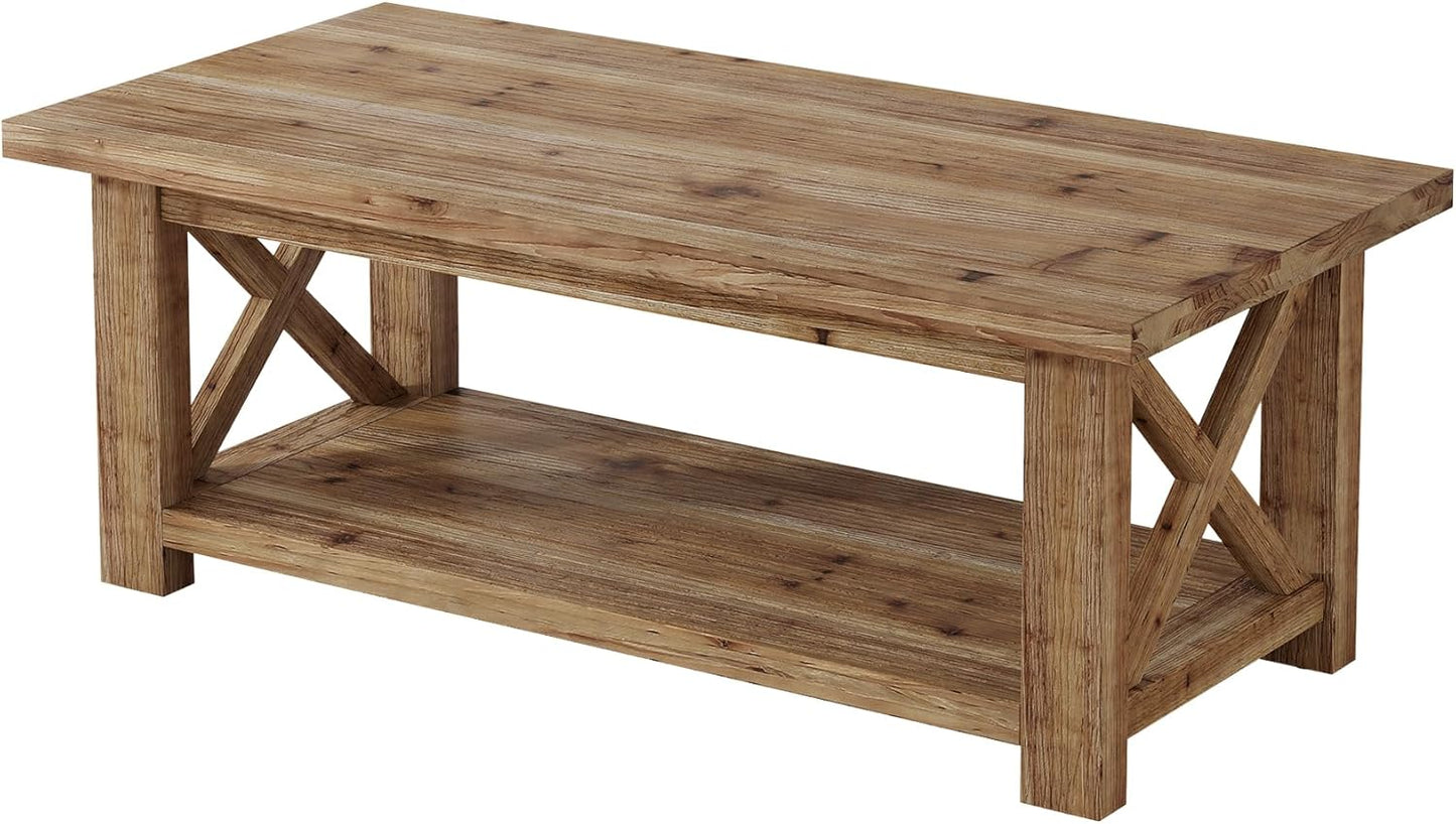 Solid Wood Coffee Table with X-Frame Side, 2-Tier Farmhouse Rectangular Center Table for Living Room, Accent Cocktail Tea Table with Storage, Brown