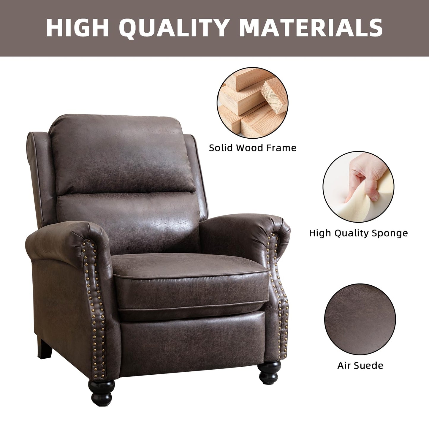 IOMOR Push Back Recliner Chair Faux Leather Lounge Armchair with Rivet Decoration Wingback Single Sofa Chair with Padded Seat Solid Wood Legs for Living Room, Comfy Upholstered, Red Brown