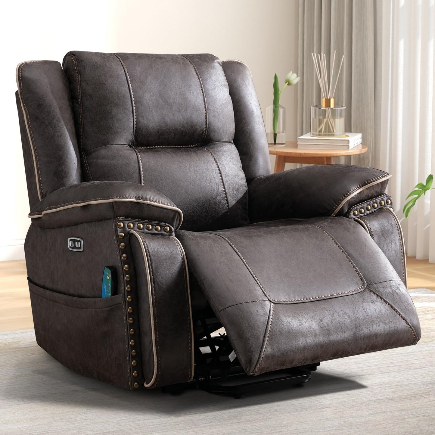 IOMOR Dual Motor Power Lift Chair for Elderly, Heavy Duty & Safety Motor Reclining Chair with Massage and Heat, Faux Leather Electric Wider Recliner with USB, 2 Concealed Cup Holders (1, Smoke Gray)