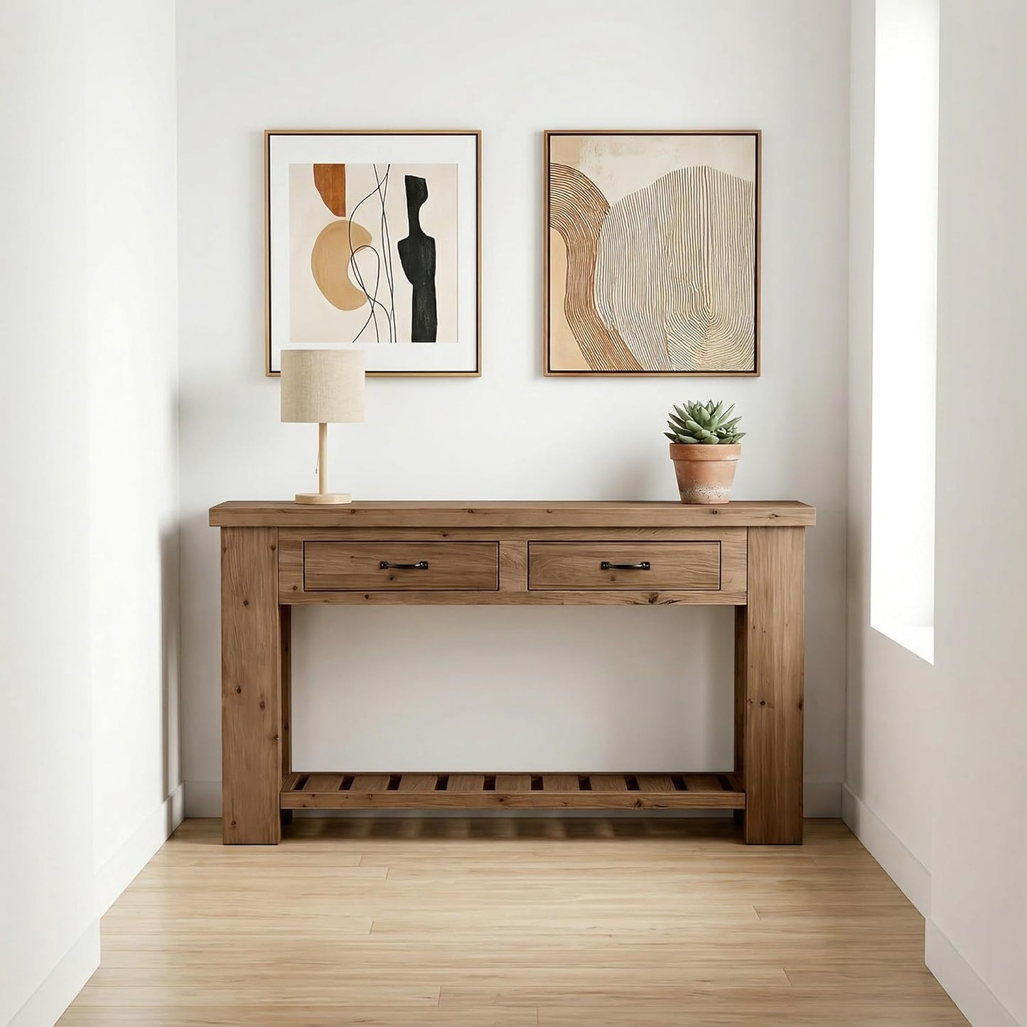 Farmhouse Solid Wood Console Table, 63-Inch Long Entryway Sofa Table with 2 Drawers and Open Slatted Shelf for Hallway, Entrance and Living Room