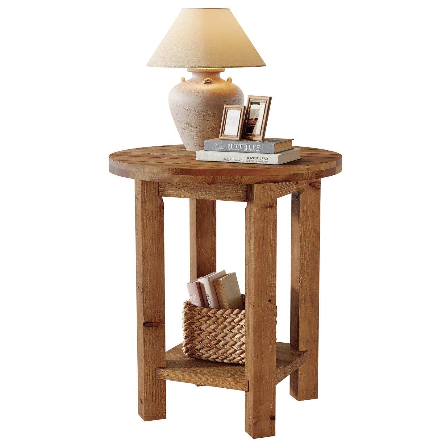 Round Solid Wood Nightstand, 2-Tier Bedside Table with Storage Shelf, Small Farmhouse End Table for Bedroom, Brown (1)