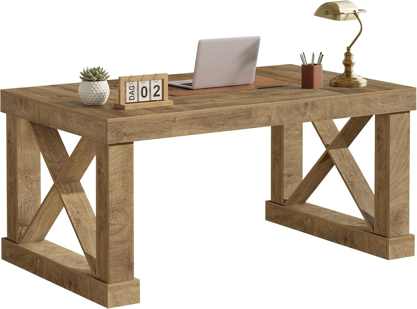 Tribesigns 63-Inch Executive Desk, Farmhouse Office Computer Desk with Sturdy Leg Structure, Rectangular Writing Table Business Furniture for Home Office, Wood Color