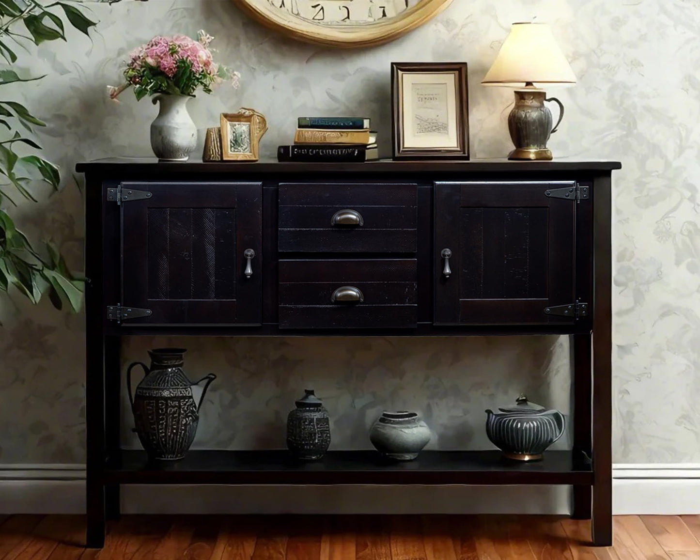 LKTART Farmhouse Sideboard Buffet Cabinet,Solid Wood Sideboard with Storage Drawers and Bottom Shelf,Coffee Bar for Entryway Hallway Foyer,Easy Assembled (46.5" Brown