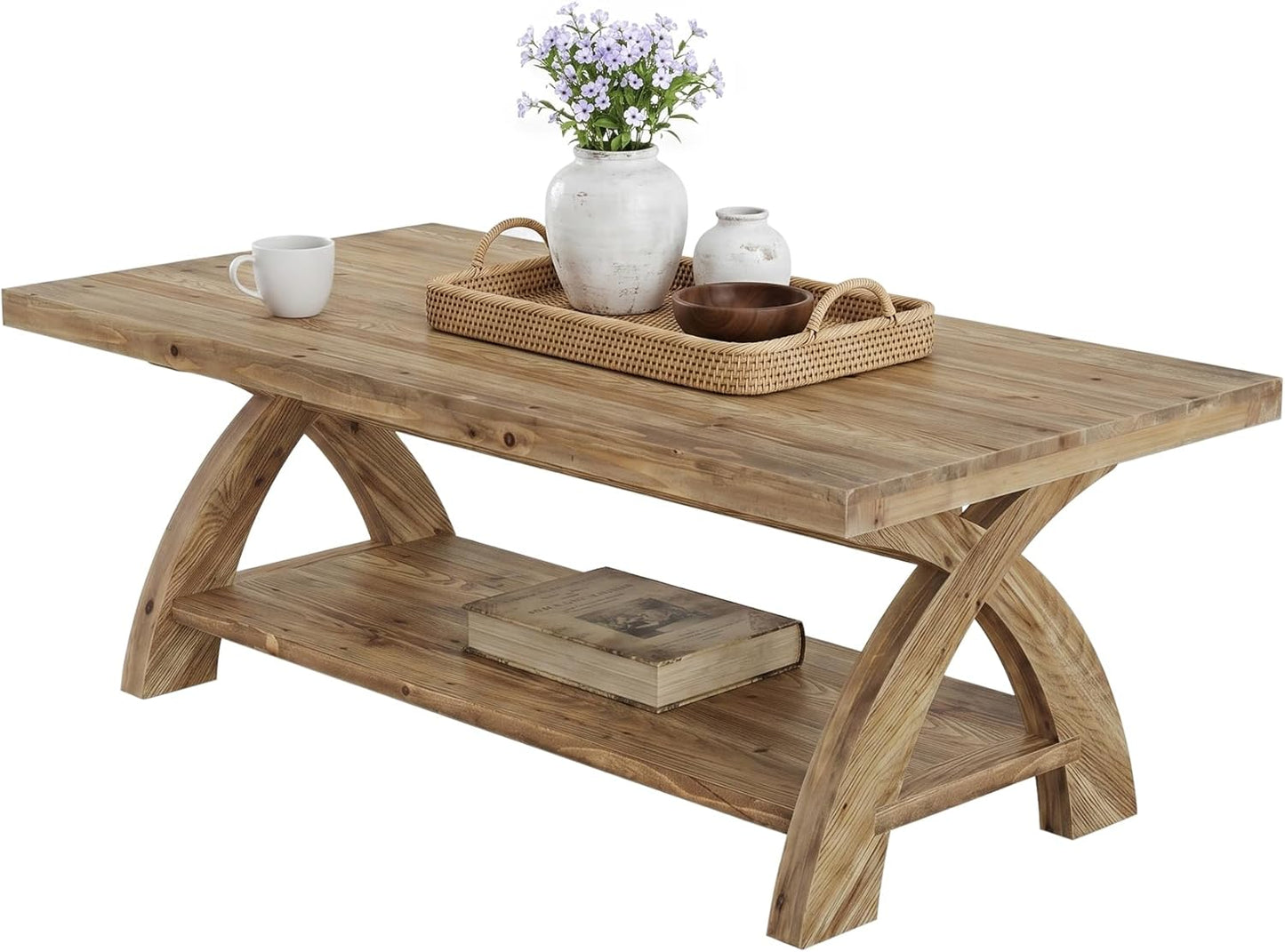 Solid Wood Coffee Table with Storage Shelf, Farmhouse Rectangular Center Table with X-Shaped Legs, Industrial Accent Cocktail Tables for Living Room