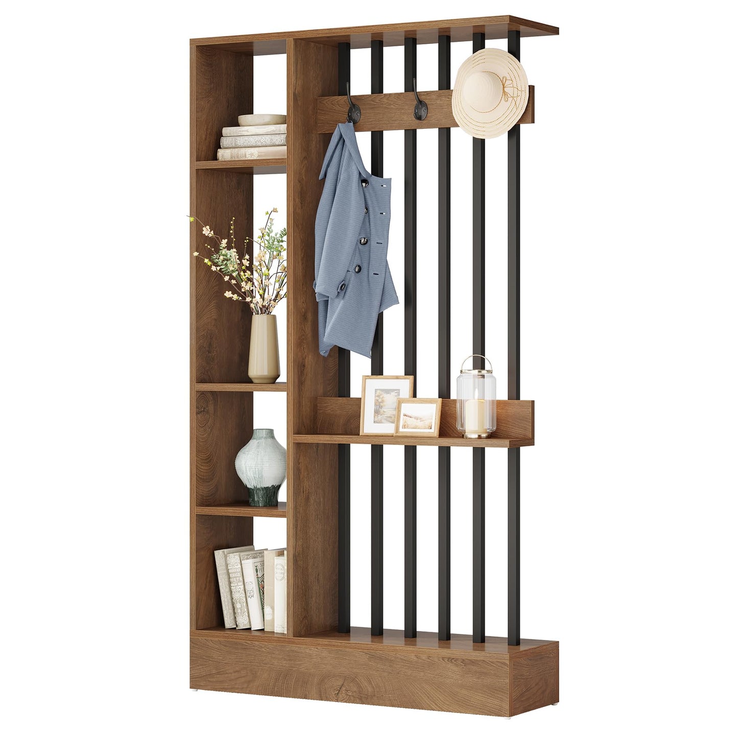 Tribesigns Wall Room Divider, Wood Freestanding Room Divider Bookcase with Shelves & Coat Hooks, 71" Modern Wall Partition for Home & Office Decorative, Brown