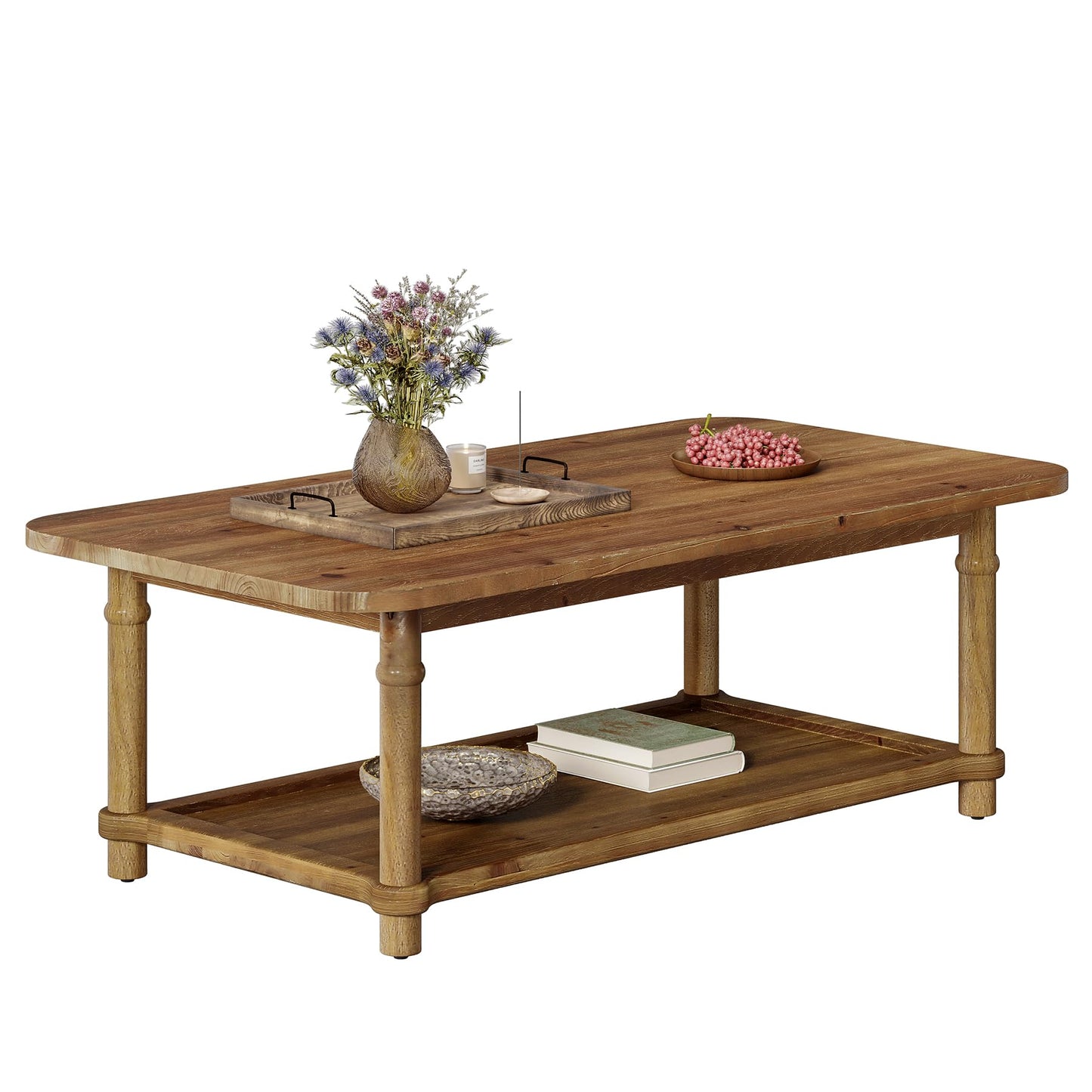 47" Rectangle Coffee Table, Solid Wood Center Table with 2-Tier Storage, Modern Farmhouse Coffee Furniture for Living Room, Home & Family Room, Light Brown