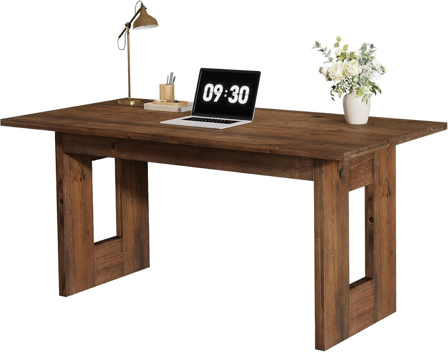 63-Inch Solid Wood Computer Desk, Rustic Rectangular Office Desk, Heavy Duty Writing Workstation with Sturdy Frame, Multi-Purpose Study Table for Home Office, Workplace, Brown