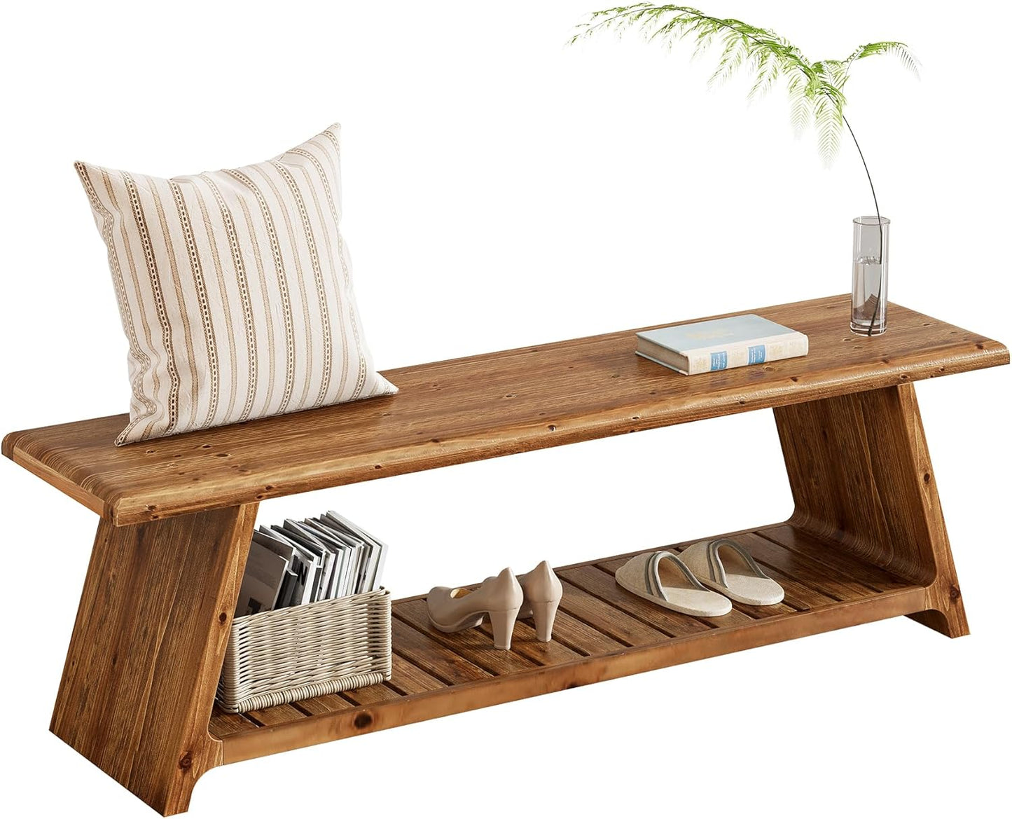 63-Inch Long Solid Wood Entryway Bench, Farmhouse Narrow Shoe Bench Seat, End of Bed with Storage for Entry, Hallway, Indoor, Living Room, Dark Walnut Brown