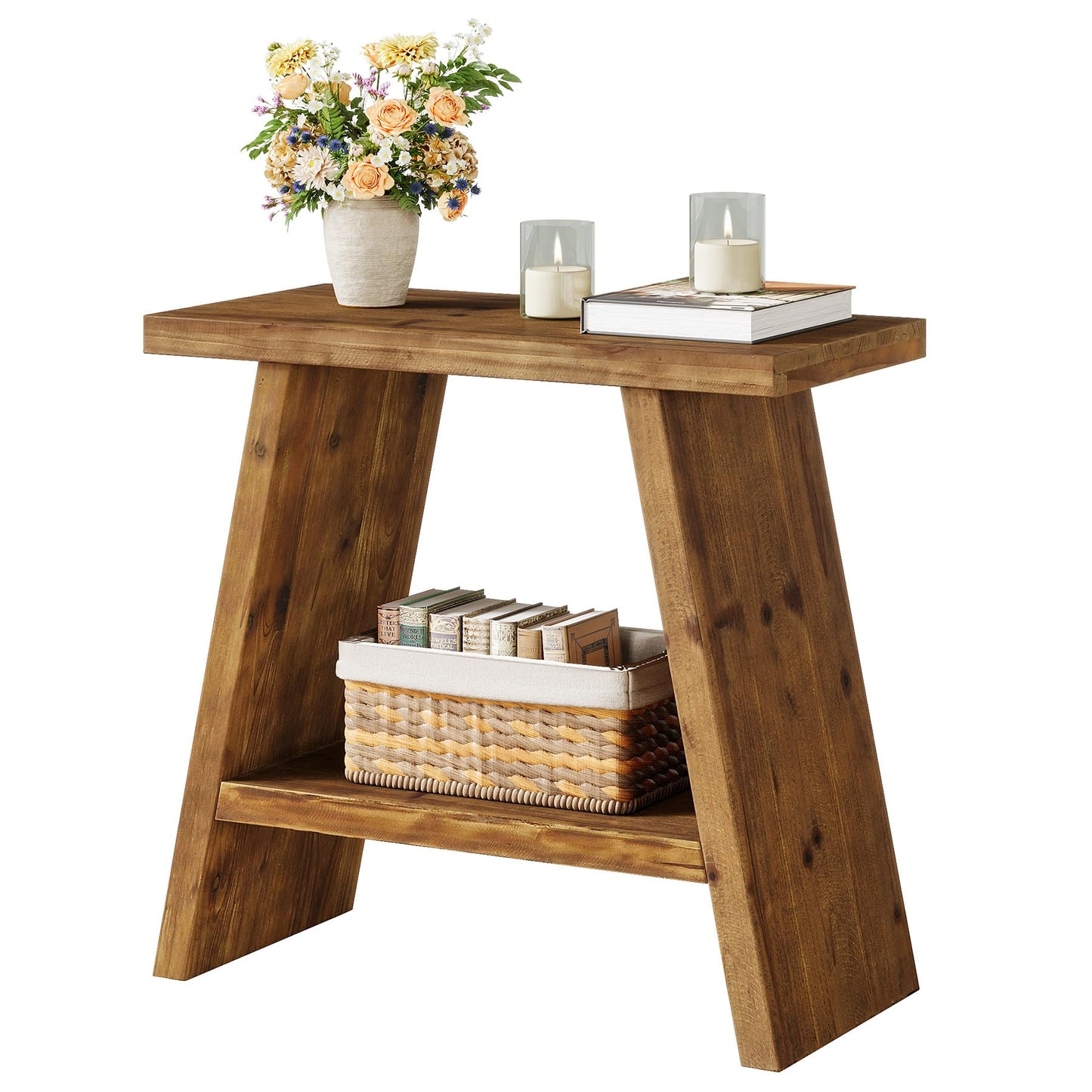 Solid Wood End Table for Living Room, Narrow Small Side Table with 2-Tier Storage, Farmhouse Bedside Nightstand for Bedroom, Small Places, Rustic Brown (1PCS)