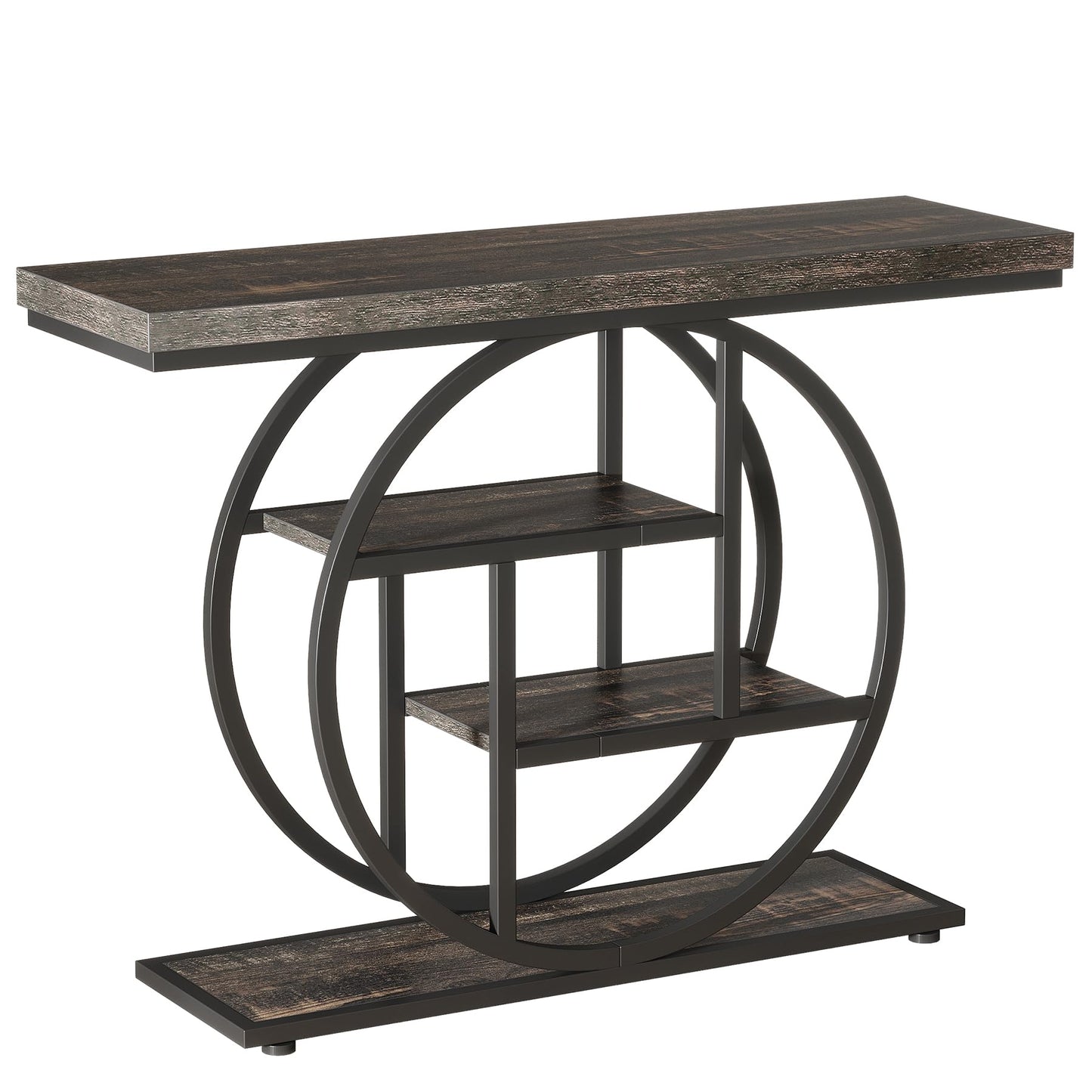 Tribesigns 41.3" Console Table, Industrial 4-Tier Sofa Table Entryway Table with Circle Base, Narrow Wood Accent Tables with Storage Shelves for Living Room, Hallway, Foyer, Rustic Brown