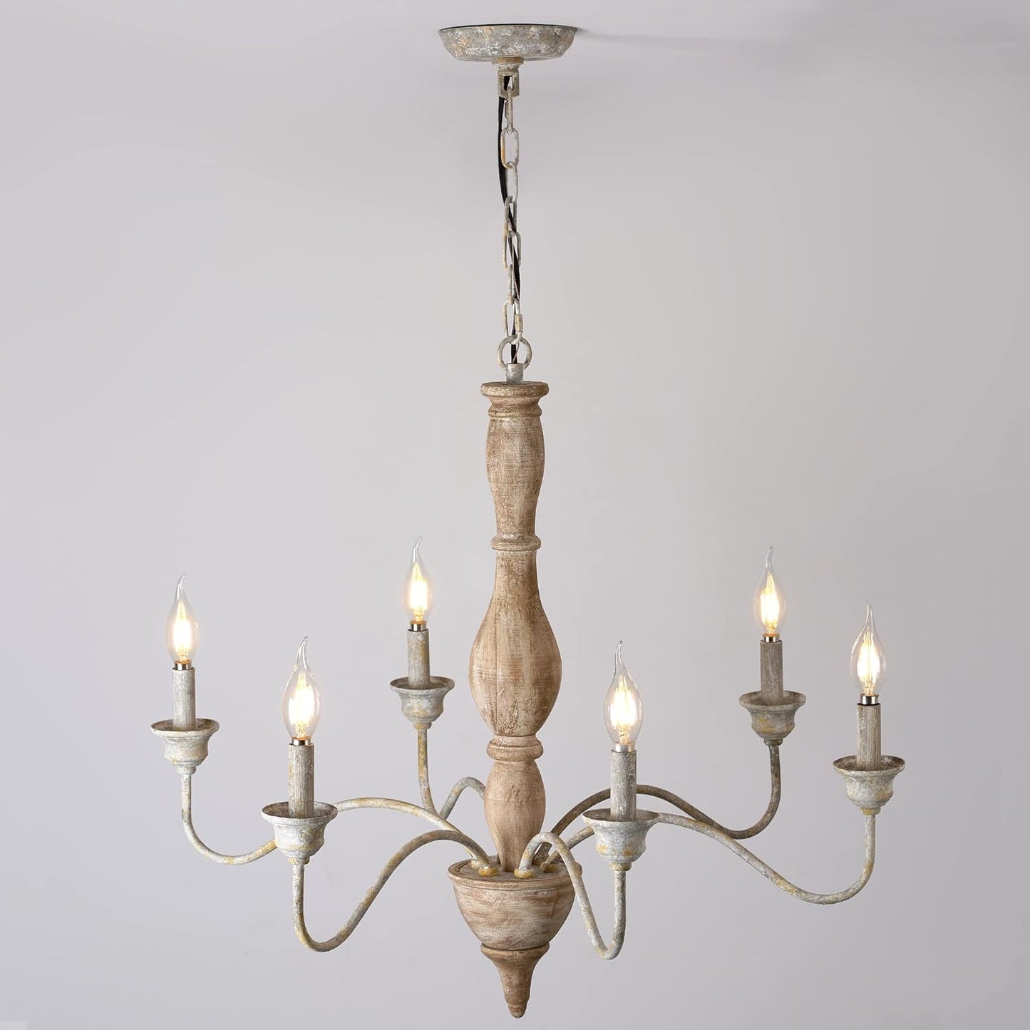 6 Bulb French Country Chandeliers, Large Wood Pendant Light Fixture for Dining Room, Rust Arm Farmhouse Chandelier, Hanging Light for Living Room, Height Adjustable, D29.5 x H24.4