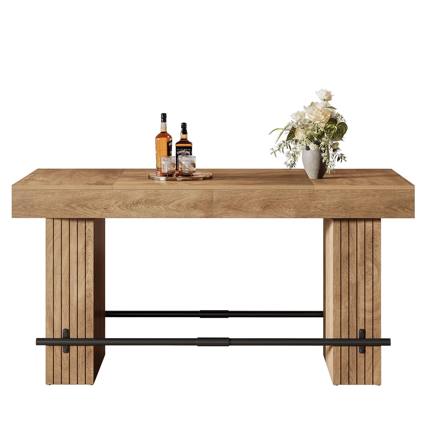 Tribesigns 62.2 Inch Bar Table, Industrial Counter Height Pub Dining Table, Rectangular Home Bar Units with Metal Footrest for Home Kitchen, Dining Room, Bistro, Brown and Dark Grey