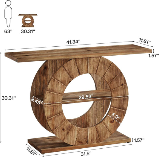 41" Solid Wood Console Table with Storage, Farmhouse Sofa Table with 3-Tier Shelves & Carved Circle Base for Living Room, Hallway, Foyer, Rustic Brown