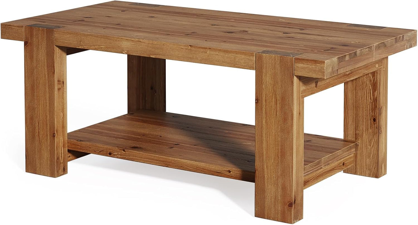 47" Large Coffee Table with Storage Shelf, Solid Wood Heavy-Duty Rustic Brown Farmhouse Living Room Furniture Center Table Holds Up to 350 lb