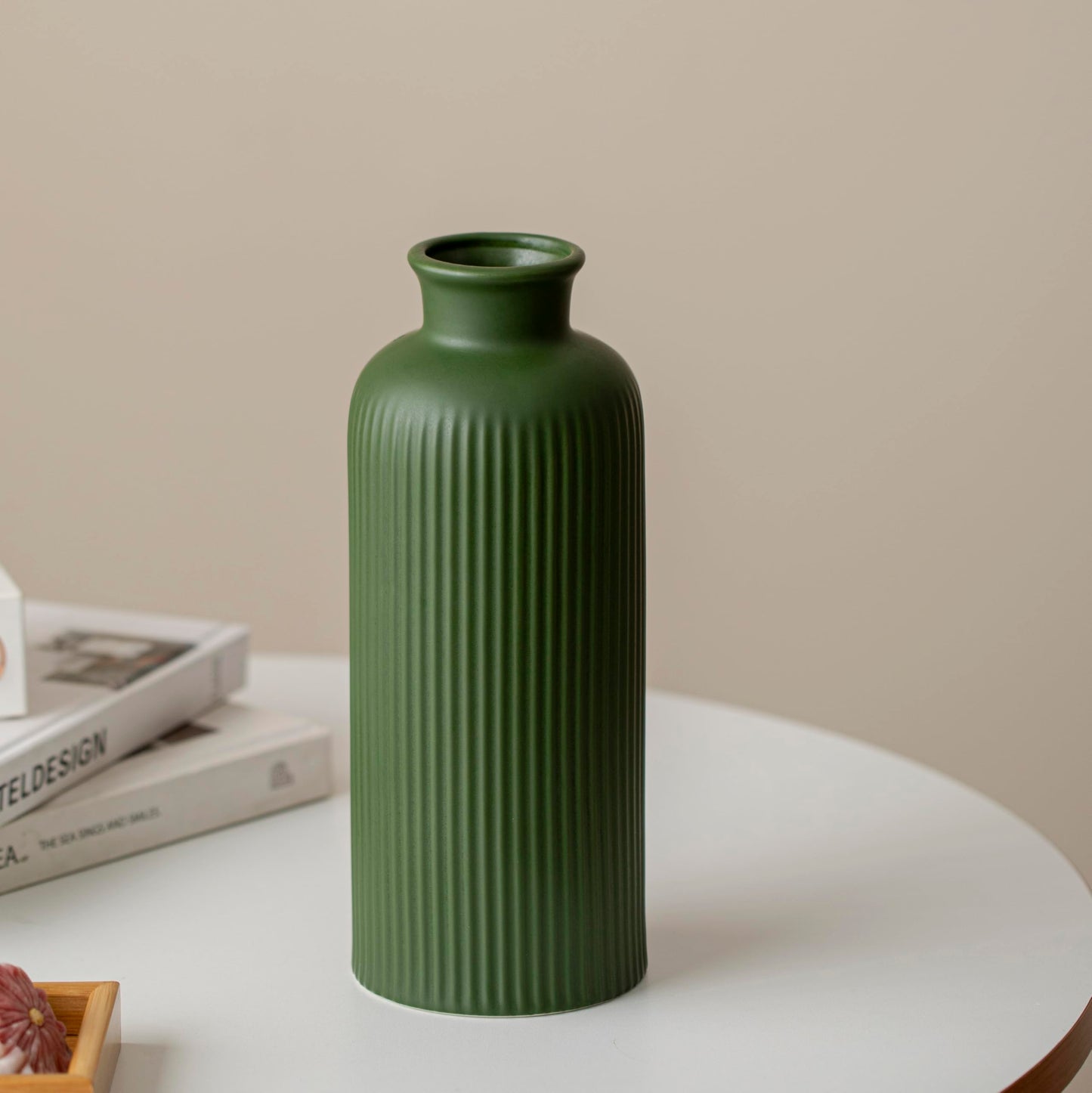 White Ribbed Ceramic Vase for Flowers, Modern Textured Decorative Vase, 10 Inch Tall, Farmhouse Style Home Decor (Matte Glaze White)
