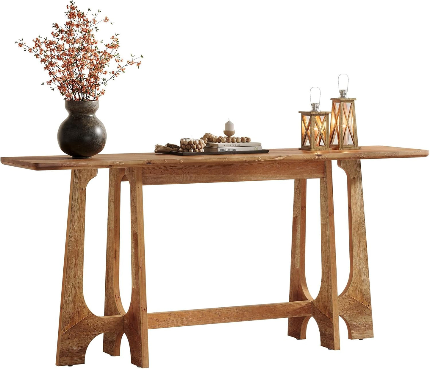 TRIBEWOOD 63-Inch Solid Wood Console Table, Farmhouse Long Sofa Table Behind Couch with Geometric Base for Entryway, Entrance, Living Room, Walnut Brown