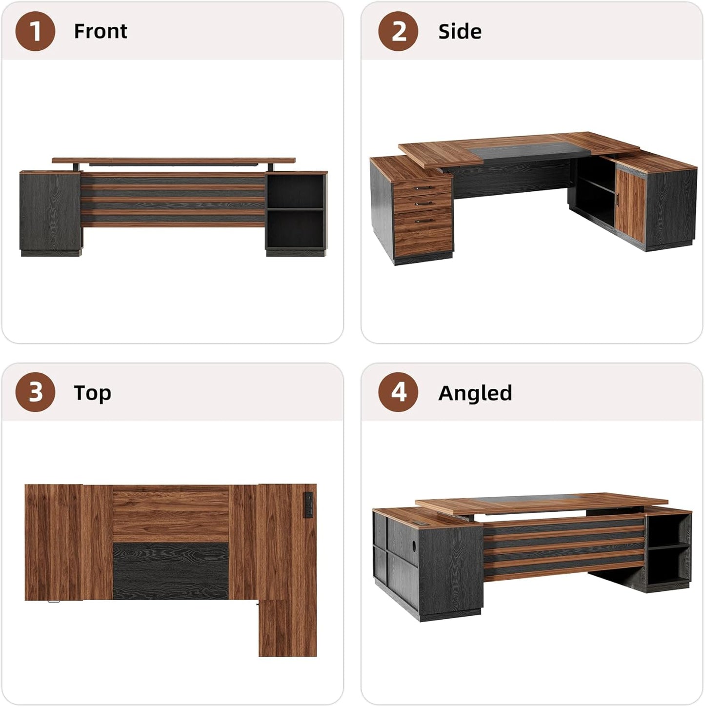 Epecoya L-Shaped Executive Desk with Storage Cabinet and Open Shelf, 78-Inch Home Office Desk with Drawers, Boss Large L-Desk with Power Outlet for Studio, Office, Black Brown