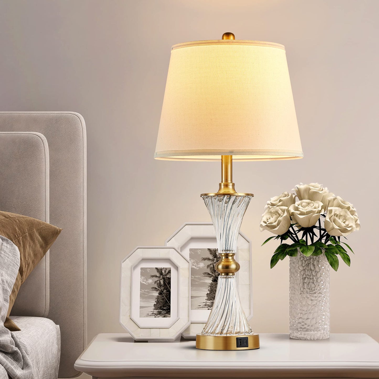 27" Bedroom Lamps Set of 2, Gold Glass Touch Lamps with USB C+A Ports, 3-Way Dimmable Light Fixture for Nightstand, Modern Table Side Lighting for Living Room, 2 Bulbs Included