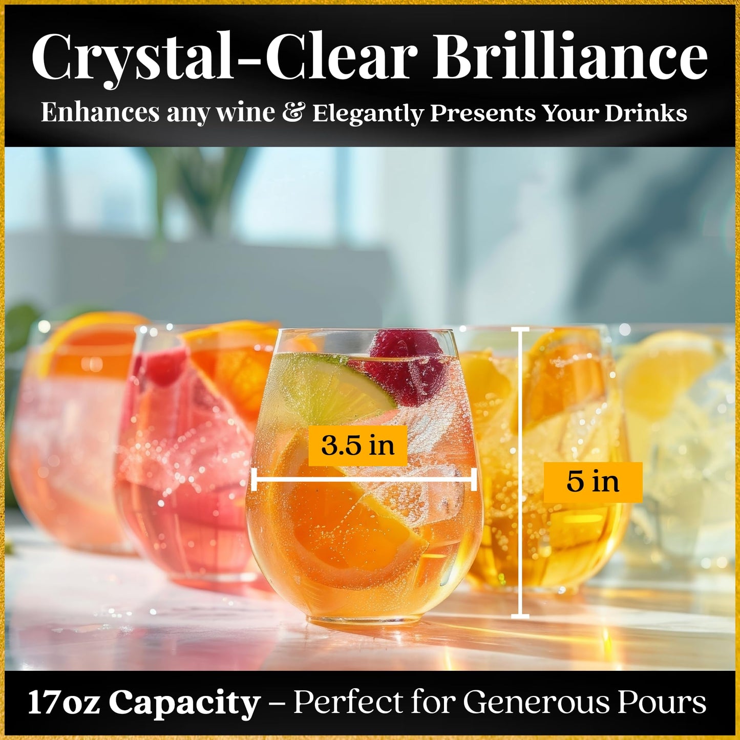 Voted New York Times Best Stemless Glass 2017, Elegant, Thin, European-Made,100% Lead-Free Crystalline Stemless Wine Glasses, Set of 6, 17 Fl Oz, Perfect for Sprits, Cocktails, Water, and Smoothies