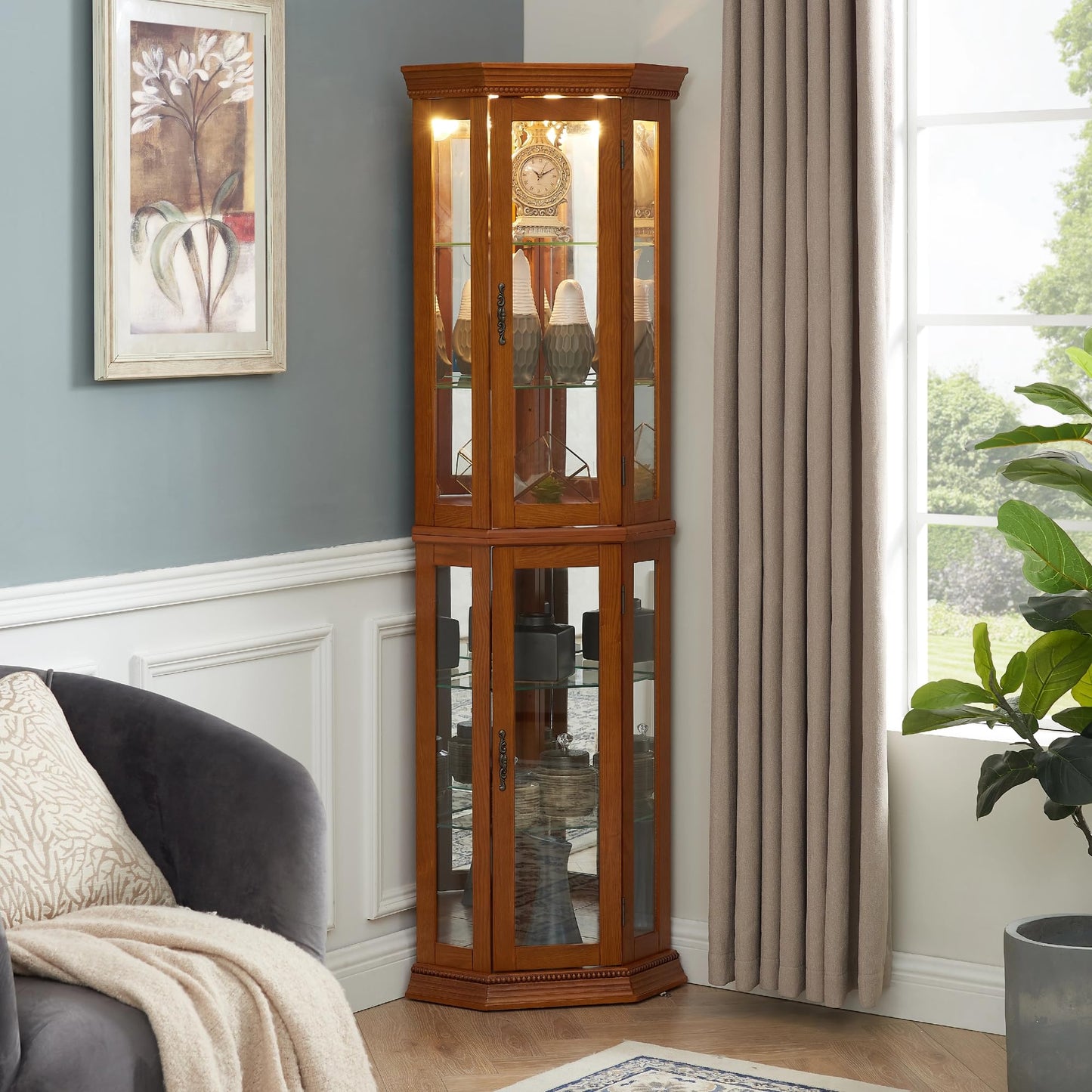 LKTART Curio Glass Display Cabinet, 70" Tall Corner Storage Cabinet with Lights and Mirrored Back Panel,China Cabinet with Tempered Glass Doors and Shelves(Walnut)