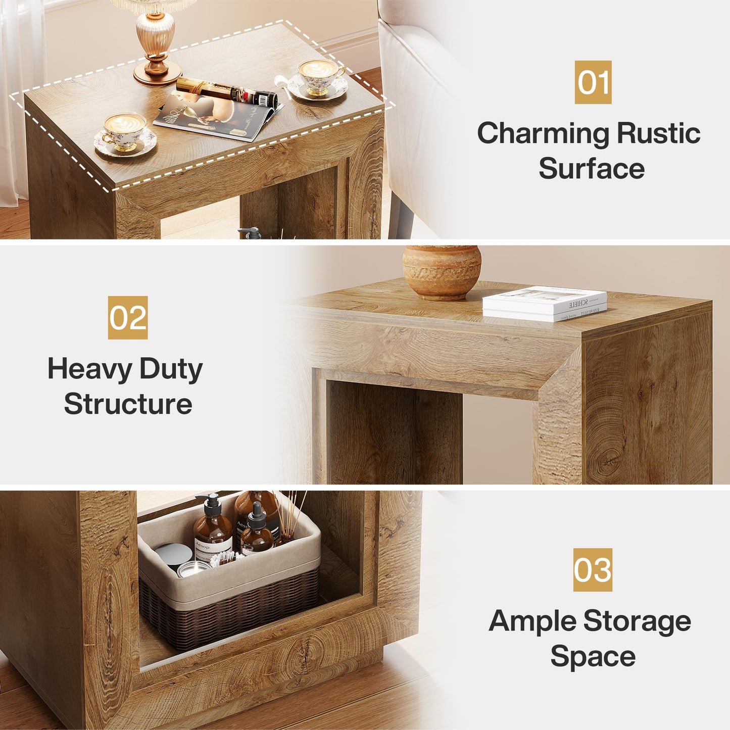 Tribesigns Rustic Wood End Table, 2 Tiered Square Side Table with Storage Shelf, Industrial Sofa Side Table for Living Room, Entrance (Rustic Brown) (1)
