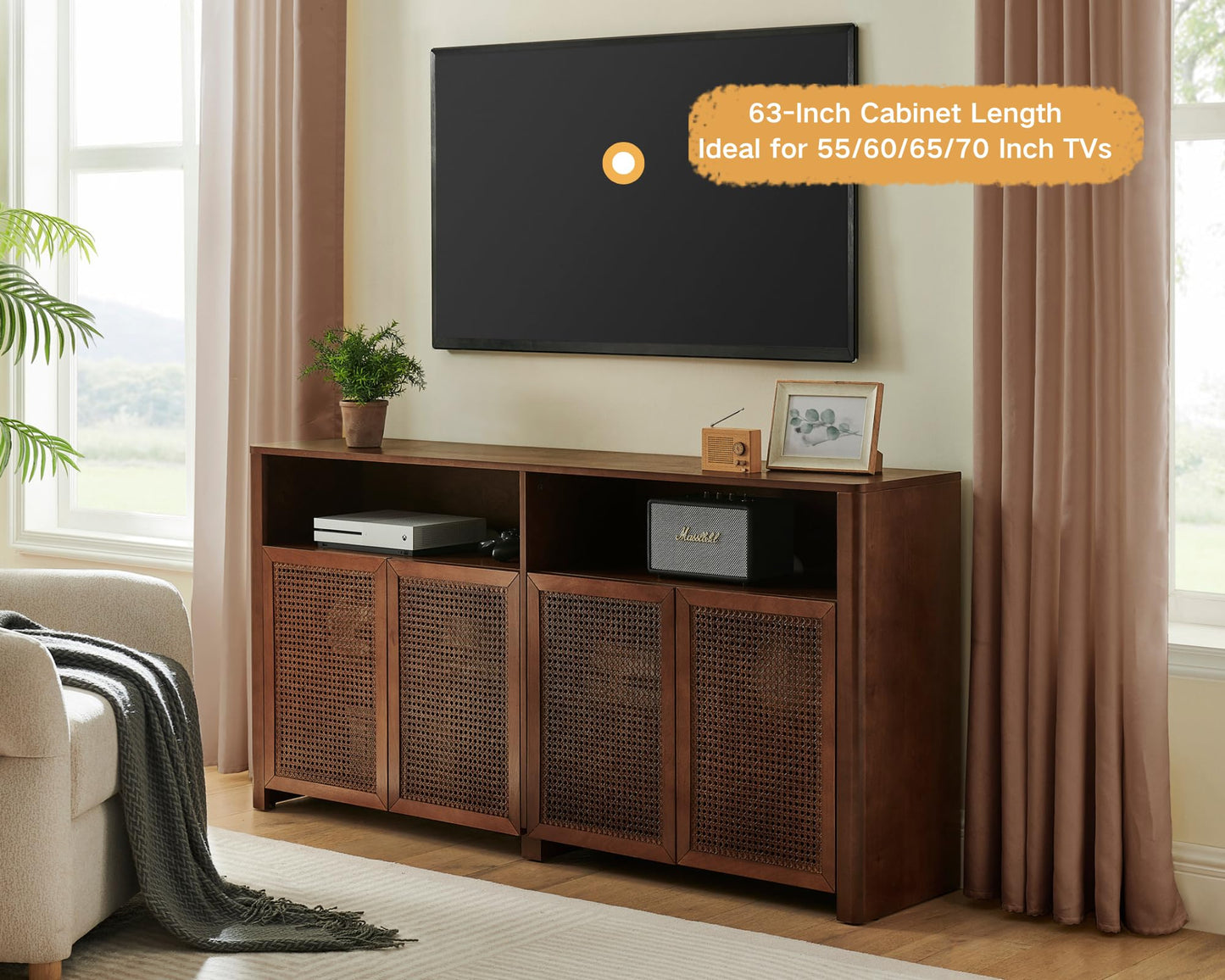 LKTART 63" Rattan Sideboard Buffet Cabinet,Kitchen Storage Cabinet,Wood Coffee Bars with 4 Doors & Open Storage Shelves,Mid Century Modern Credenza Console Table for Living Room,Walnut