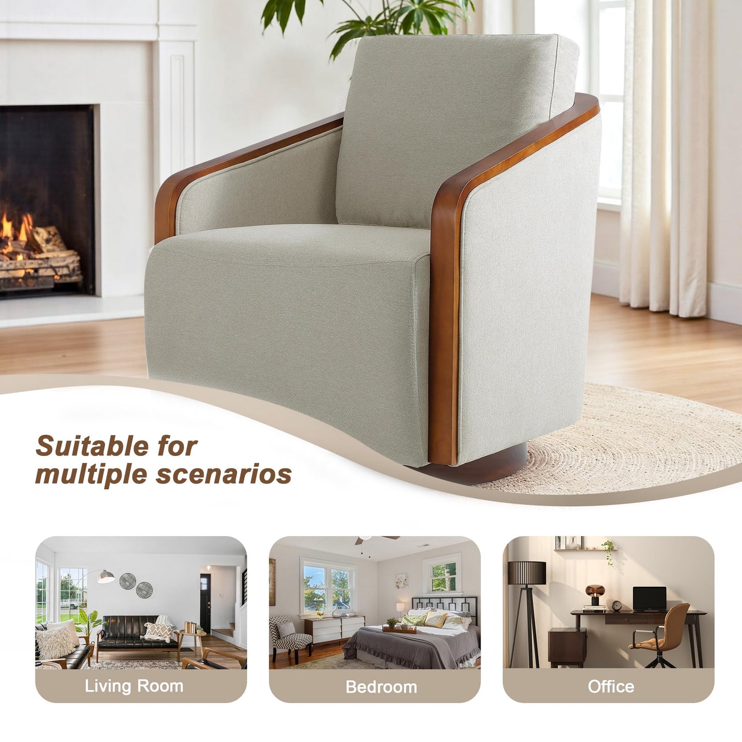 360° Swivel Barrel Chairs Set of 2, Upholstered Swivel Round Barrel Chair, Comfy Chenille Fabric Single Club Armchair Accent Chair for Living Room, Reading Room, Bedroom, Beige Brown