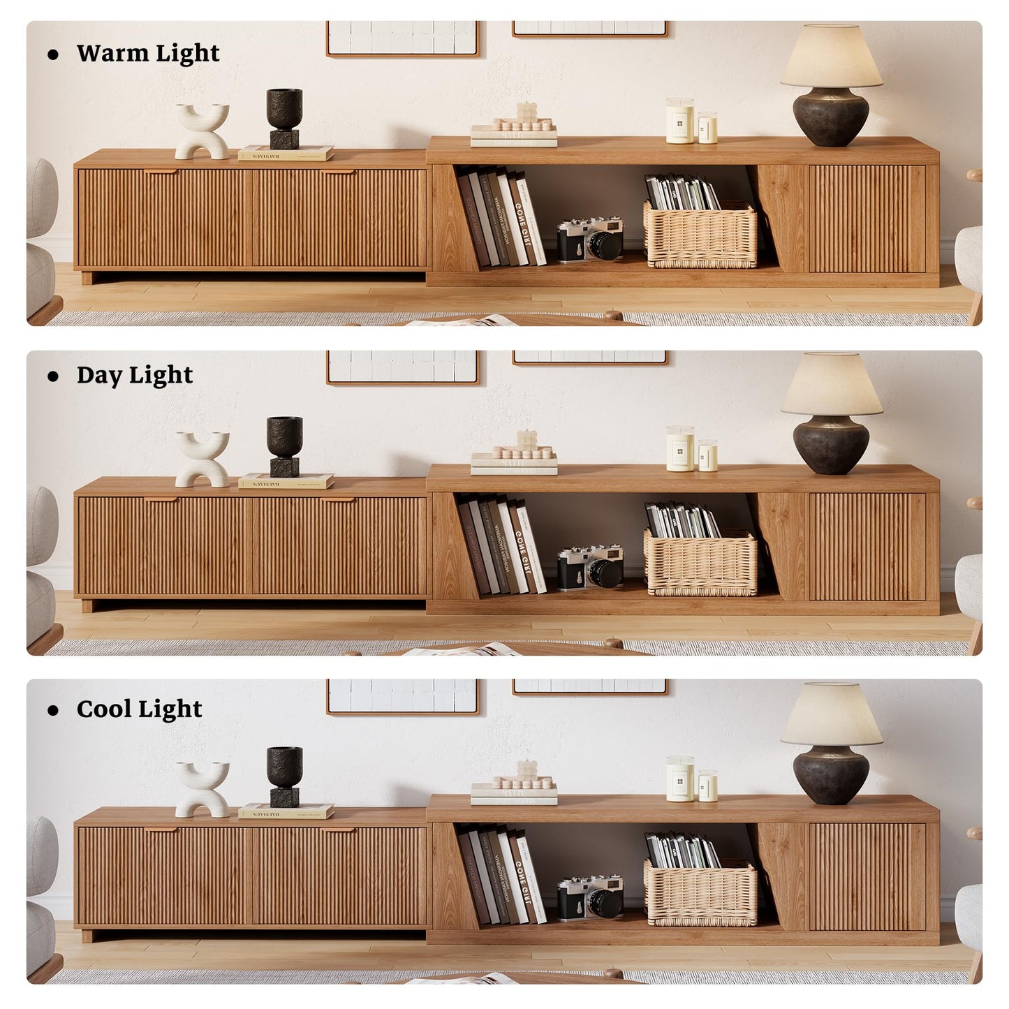 Epecoya 98 Inch Extendable TV Stands for Living Room, Wooden Extra Long TV Stand with Adjustable Shelf and Drawers, Fluted TV Console with Storage Cabinet, Warm Brown Oak (64.57" W-98.43" W)