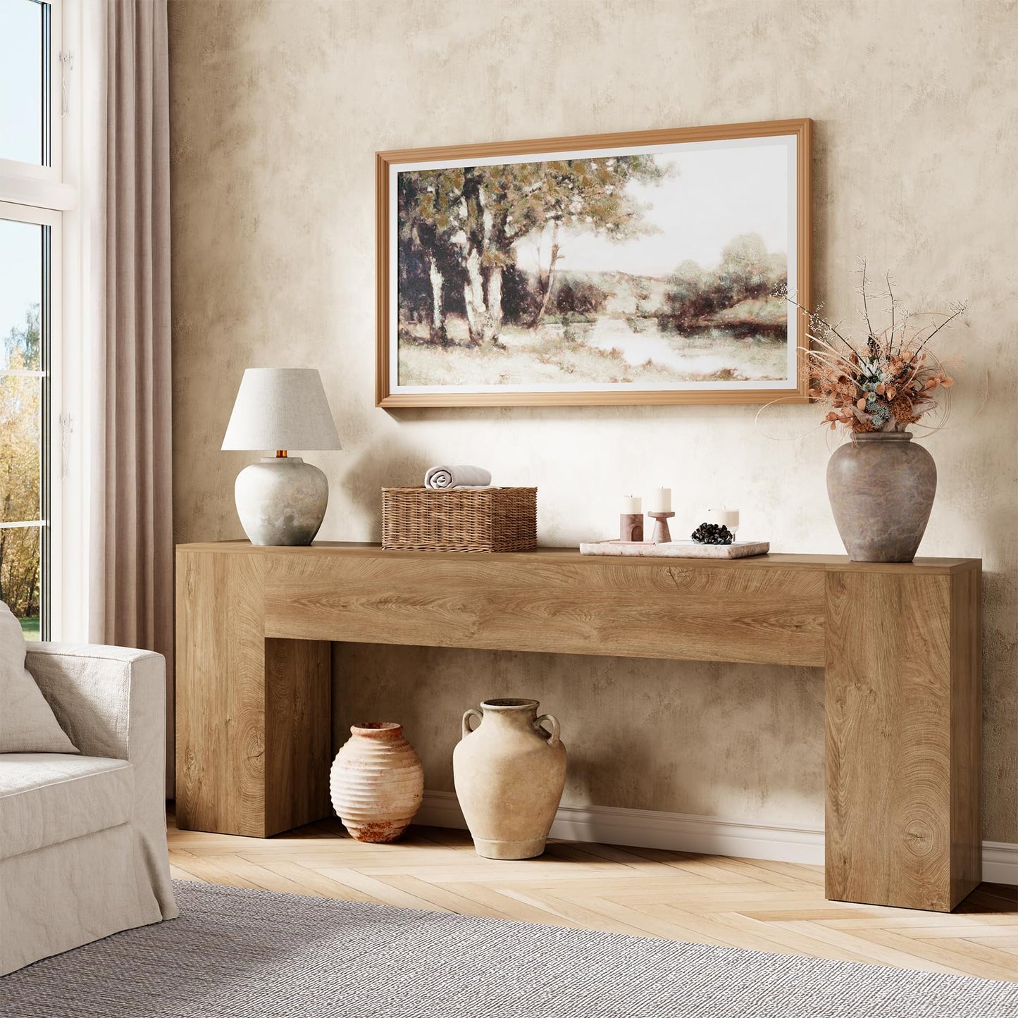 Epecoya Extra Long Console Tables for Entryway 86-Inch, Farmhouse Couch Table Behind Sofa Wooden, Modern Entryway Table for Entrance, Hallway, Living Room, Apartment, Natural Oak Brown