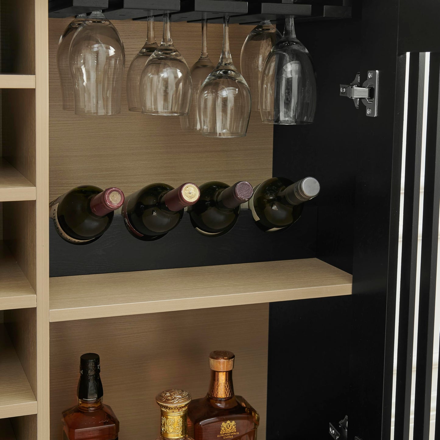 LKTART Wine Cabinet & Coffee Bar with Bottle Holders & Stemware Racks,Liquor Cabinet with Open Storage and Built-in Door Shelves,Bar Cabinet with Solid Wood Legs and Adjustable Shelf