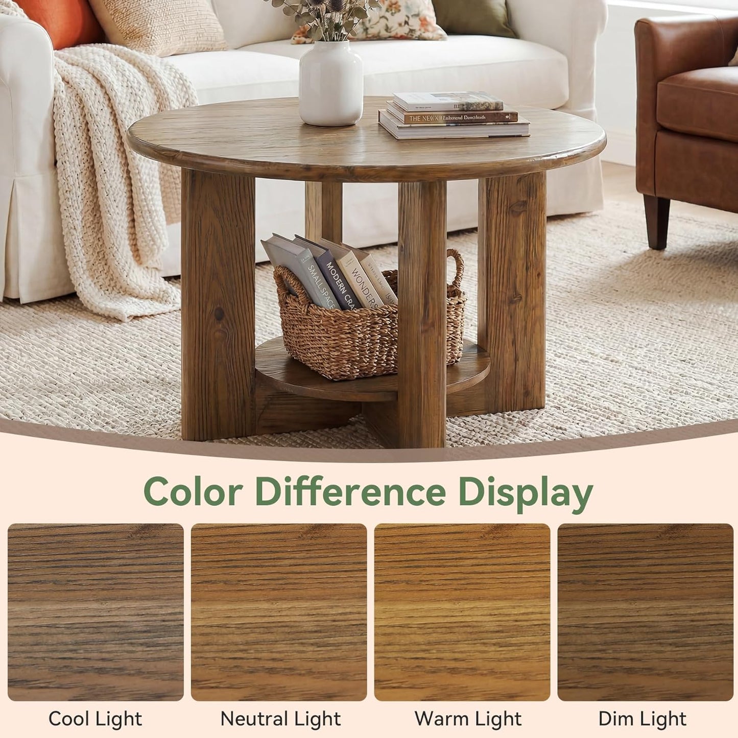Solid Wood Round Coffee Table, 2-Tier Circle Coffee Table with Storage, Farmhouse Wood Accent Center Table for Living Room, Easy Assembly, Rustic Brown