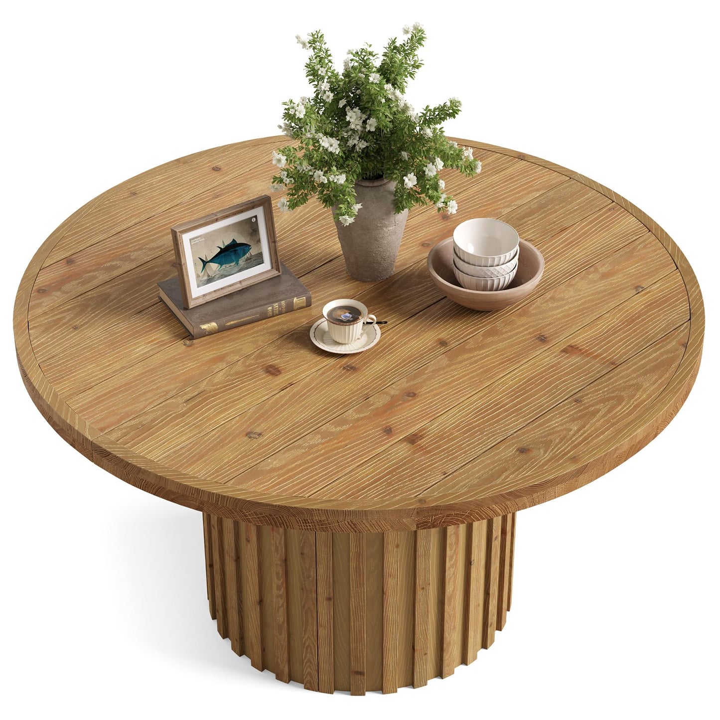 47" Solid Wood Dining Table for 4-6, Farmhouse Round Kitchen Table with Striped Pedestal Base, Circle Wooden Dining Room Furniture for Kitchen Living Room, Wood Tabletop+MDF Pedestal Base