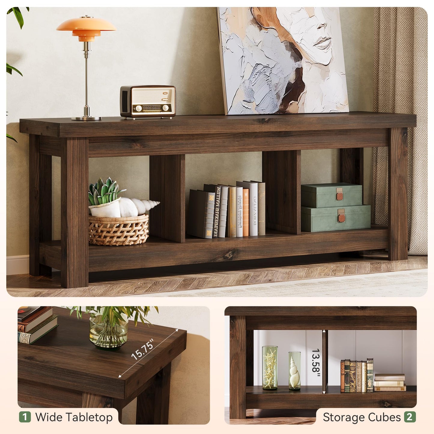 Solid Wood Console Table, 63-Inch Entryway Table with Storage, Long Wooden Sofa Table Behind Couch for Entryway, Hallway, Foyer, Living Room, Natural Wood