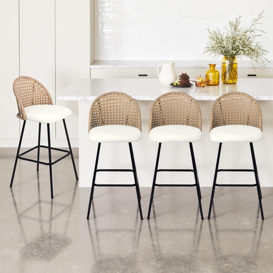 28.7" Swivel Bar Stools Set of 2, Mid Century Modern Counter Height Barstools with Rattan Backrest, Upholstered Chenille Armless Bar Chair Island Stools for Kitchen Island, Bar, Beige