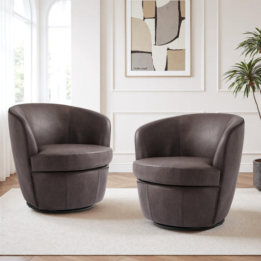 360° Swivel Barrel Accent Chair, Faux Leather Round Swivel Chair for Living Room, Comfy Upholstered Armchair Single Sofa Club Chair for Bedroom Reading Room, No Assembly Required - Light Brown