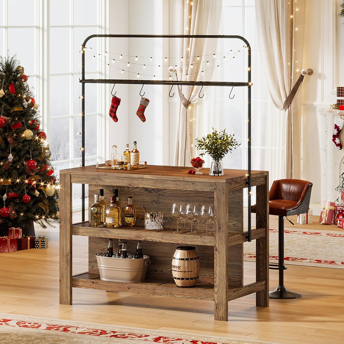47-Inch Solid Wood Bar Table, 3-Tier Industrial Home Bar Unit with Storage Shelves, Counter Height Pub Bar Dining Table for Kitchen, Dining Room, Living Room, 5 Hooks, Rustic Brown