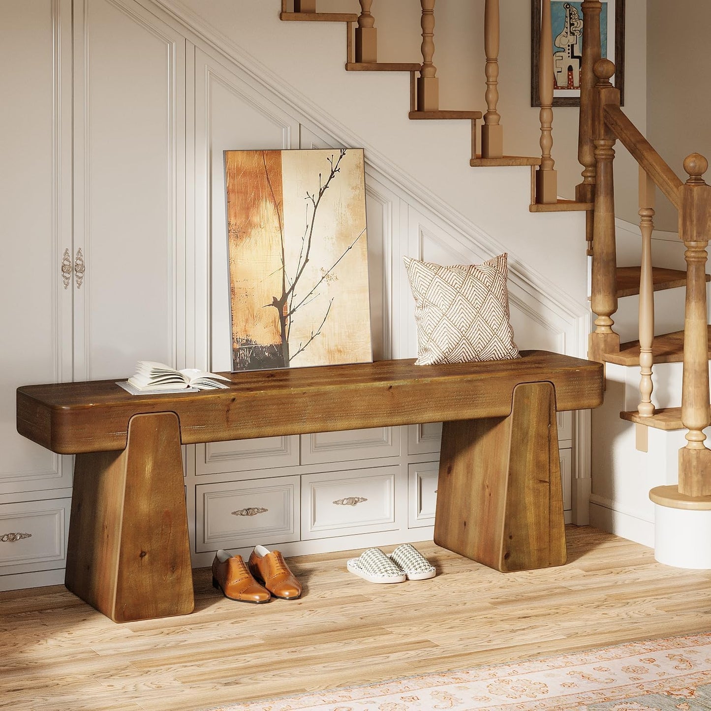 Solid Wood Bench, 47-Inch Farmhouse Wood Entryway Bench with Thickened Legs, Narrow Indoor Wooden Bench for Entry, Hallway, Living Room, End of Bed, Dark Brown