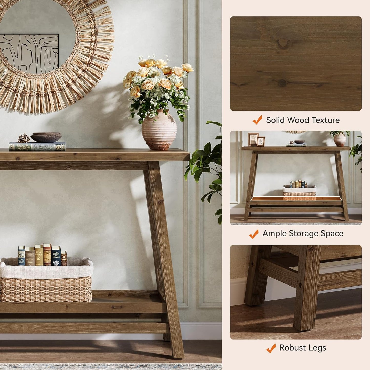 41.3" Farmhouse Console Table, Solid Wood Entryway Table with Storage Shelf, 2 Tiers of Narrow Behind Couch Sofa Furniture for Living Room, Hallway, Foyer, Easy Assembly, Brown