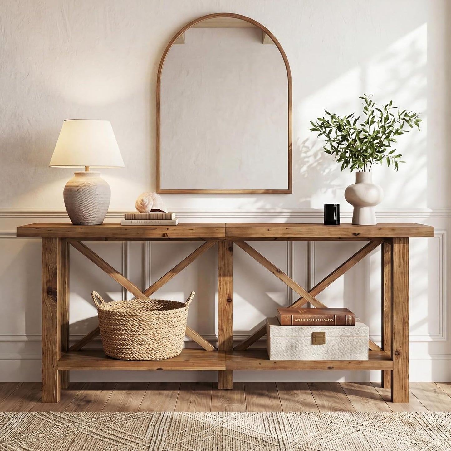 Solid Wood Console Table, 70.9-Inch Long Narrow Entryway Table with Storage, 2-Tier Farmhouse Sofa Console Behind Couch for Hallway, Foyer, Living Room, Entrance, Rustic Brown