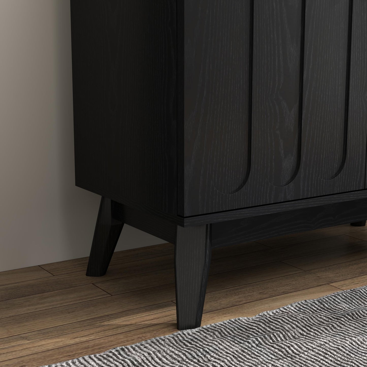 LKTART Mid Century Modern Storage Cabinet with Rattan Sliding Doors and Open Shelves, Boho Style Wooden Sideboard Buffet for Living Room,Dark Walnut