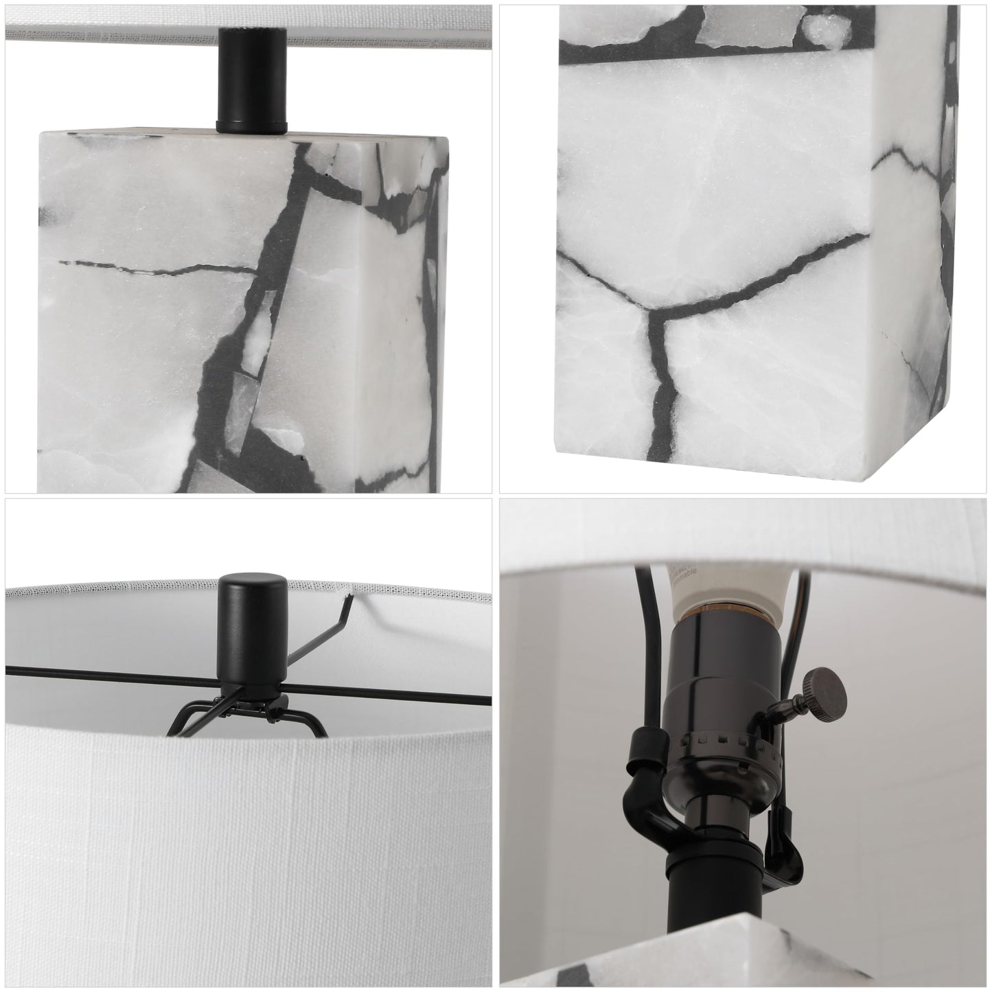 JONATHAN Y 24.25" Black/White Modern Alabaster LED Table Lamp for Home Decor, White Linen Shade, Coastal Nightstand Lamp with Built-in Base Accent Light (JYL8507A)