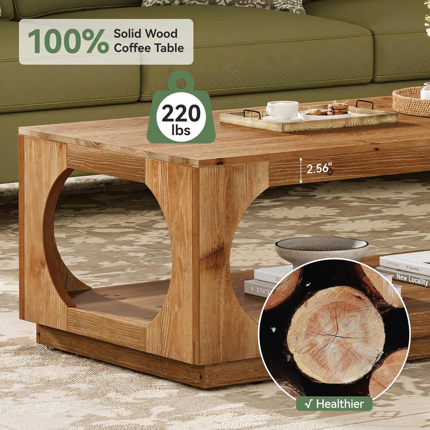 Solid Wood Coffee Table, 47.2" Farmhouse Wooden Center Tables with Storage for Living Room, 2-Tier Rectangular Cocktail Tea Table for Apartment, Home Office