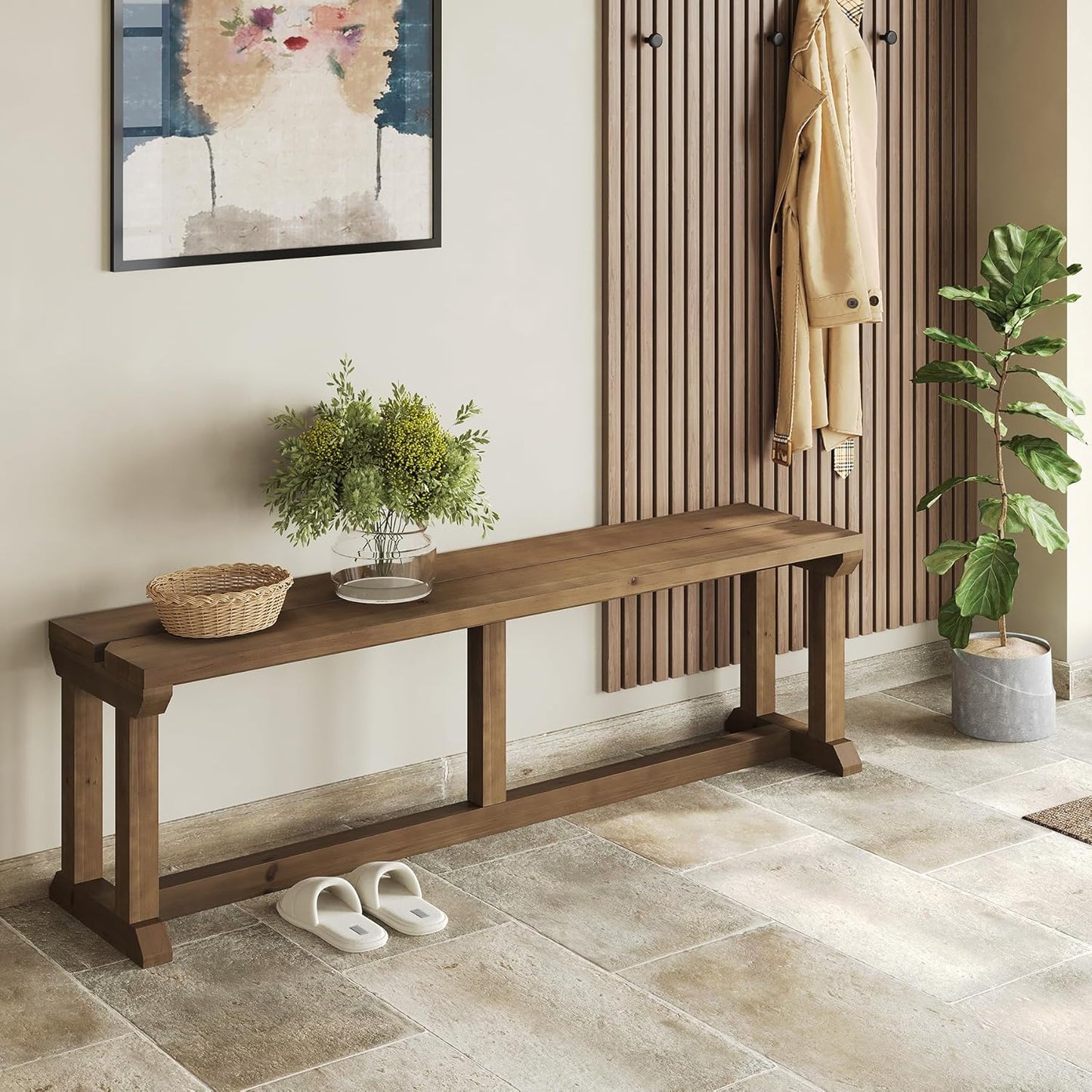 Solid Wood Shoe Bench, 59" Farmhouse Entryway Bench, Narrow Rustic Bed Seat for Bedroom, Entryway, Hallway, Living Room, Rustic Brown