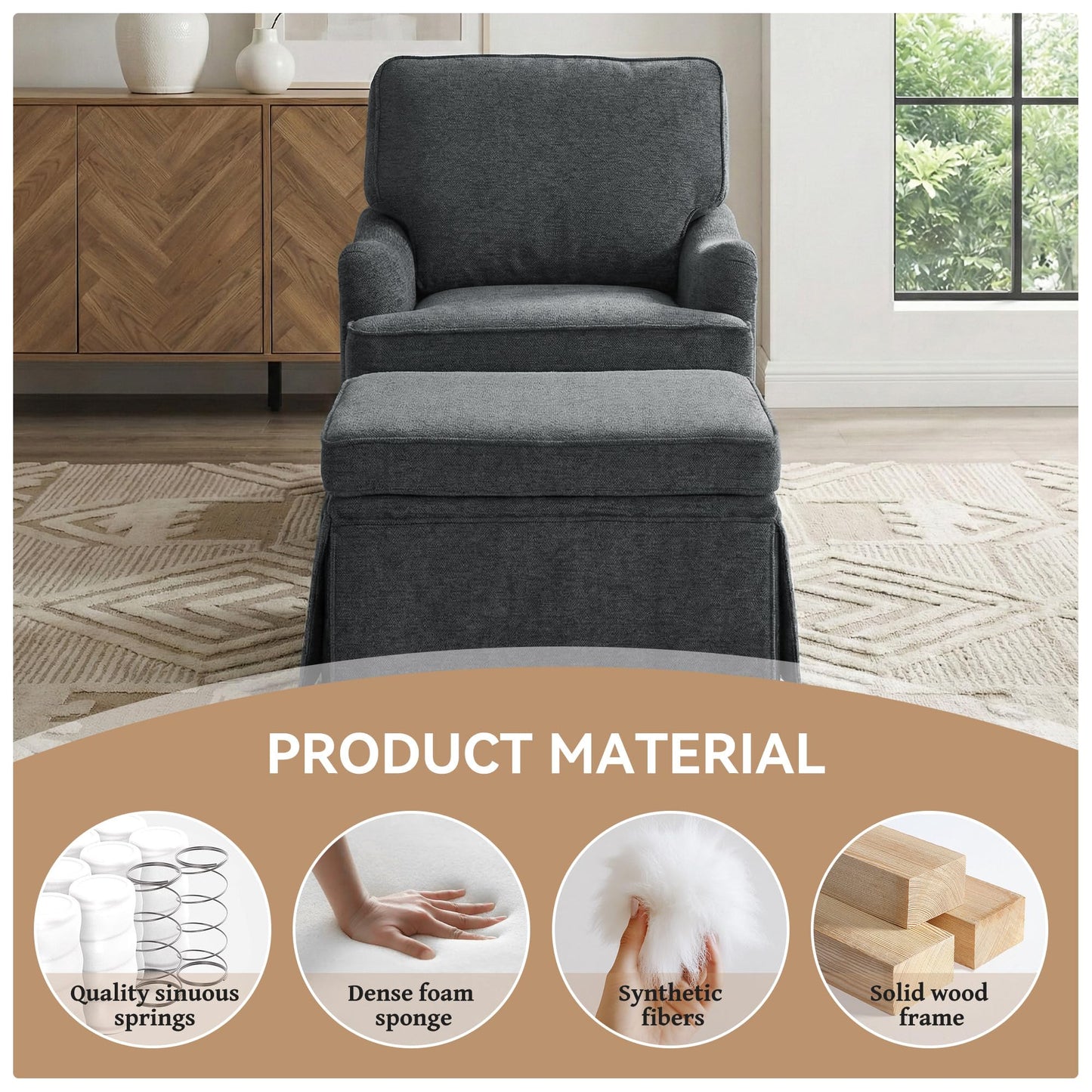 Swivel Accent Chair, 360° Swivel Upholstered Armchairs with Curved Arms, Comfy Chenille Fabric Lounge Reading Chairs for Living Room Bedroom Study, Metal Swivel Base, Tan