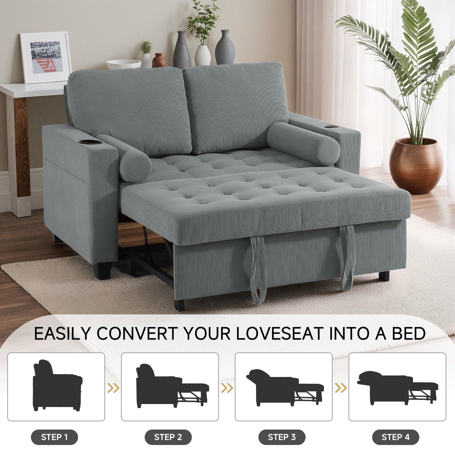 Sleeper Sofa Chair Bed, 3-in-1 Convertible Sleeper Chair with Pull Out Bed, Comfy Corduroy Sofa Bed Couch with Reclining Adjustable Backrest, USB Ports, Cup Holder, Side Pocket (Gray, 38.8")