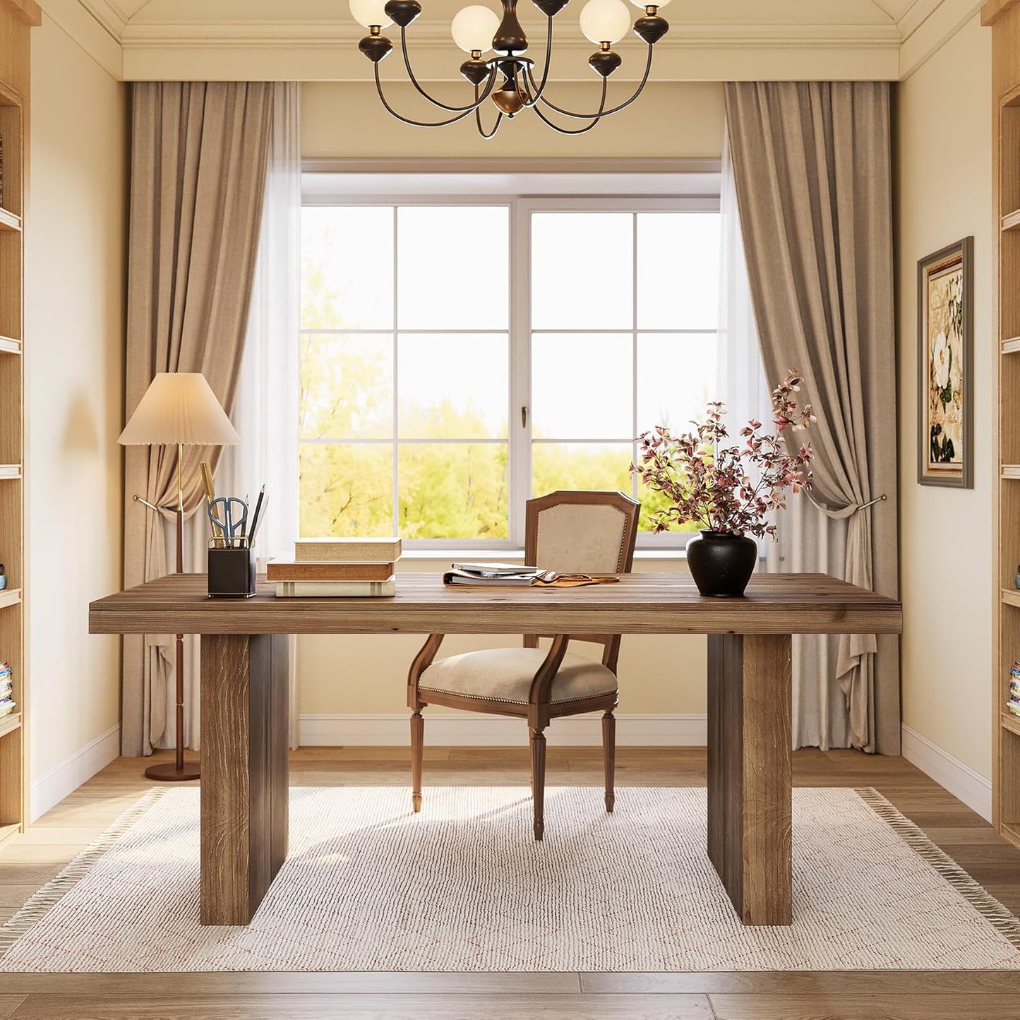 63" Solid Wood Home Office Desk, Farmhouse Large Executive Computer Desk with Sturdy Wooden Legs, Study Writing Table Business Workstation with Spacious Tabletop, Rustic Dark Brown