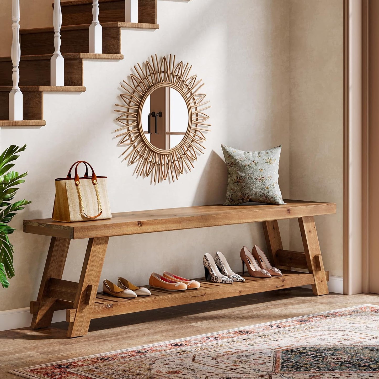 63" Solid Wood Bench, 2-Tier Shoe Rack, Farmhouse Entryway Bench with Shoe Storage, Kitchen Dining Bench, Narrow Shoe Storage Bench for Entryway, Bedroom, Mudroom, Living Room, Rustic Brown